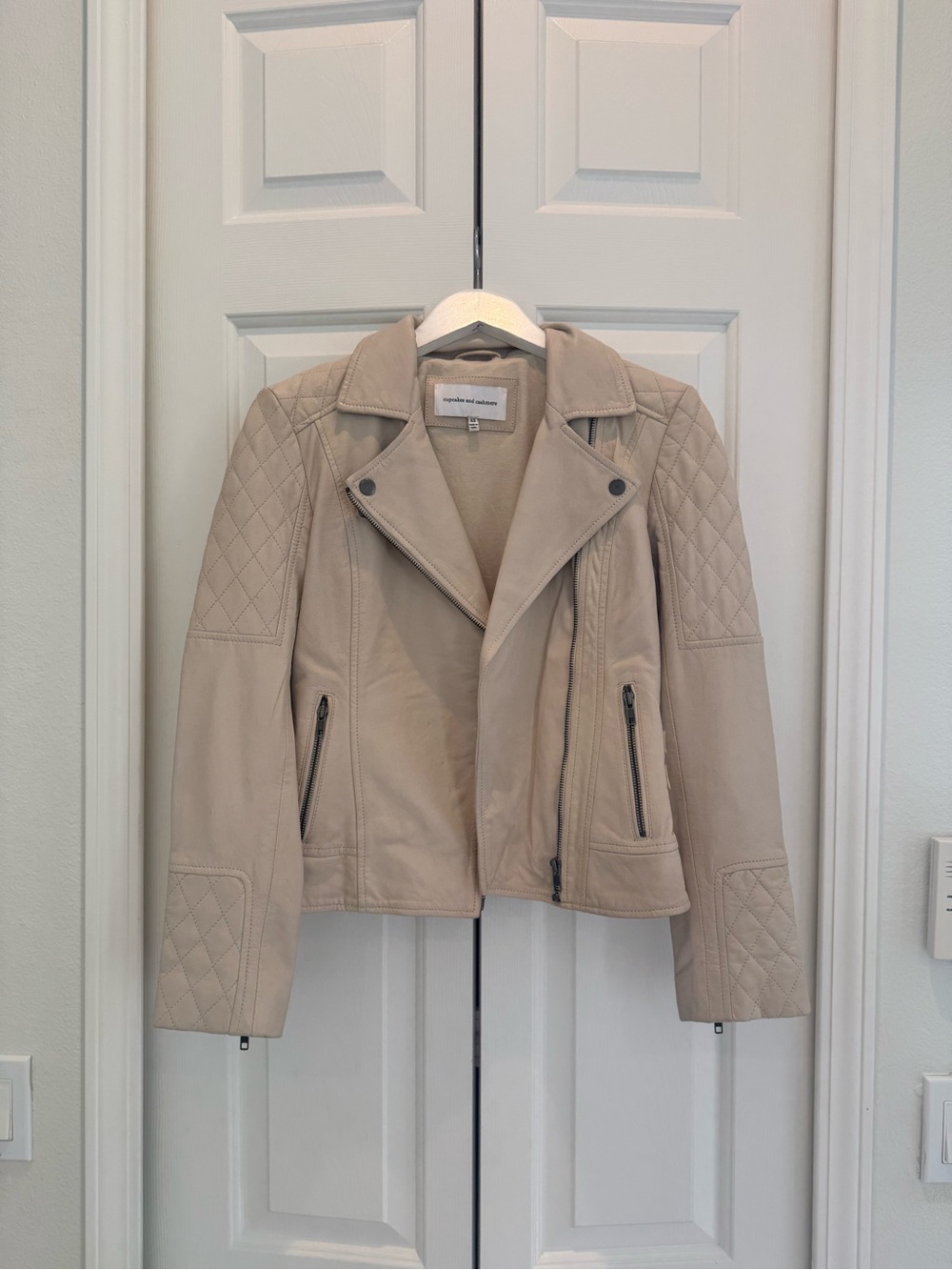 cupcakes & cashmere Beige Quilted-Sleeve Leather Moto Jacket